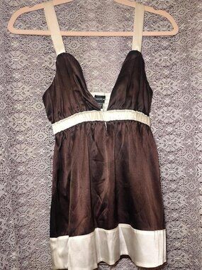 Vintage Y2K Brown and White Bebe Silk Babydoll Top